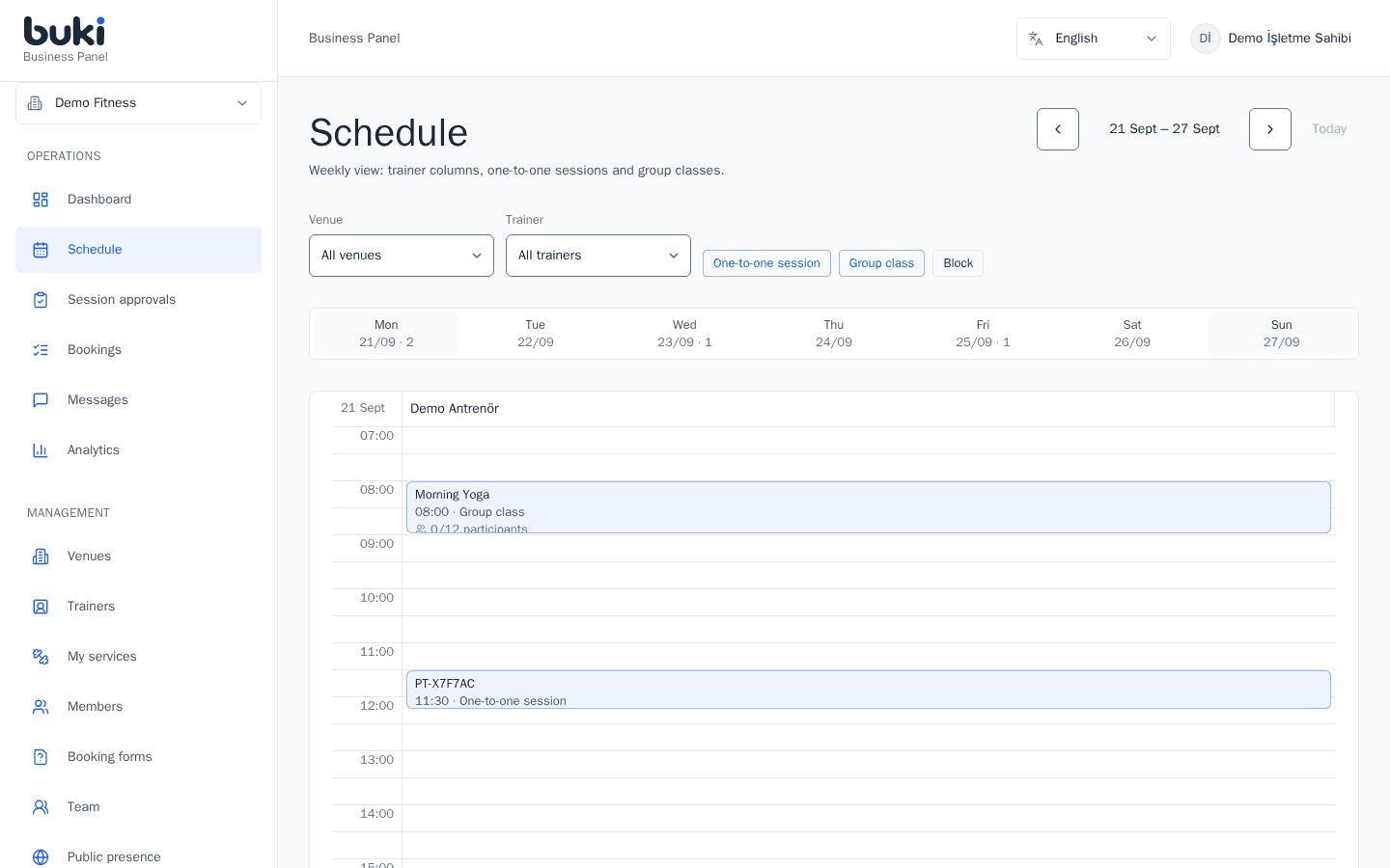 Business schedule: web business workspace with demonstration data